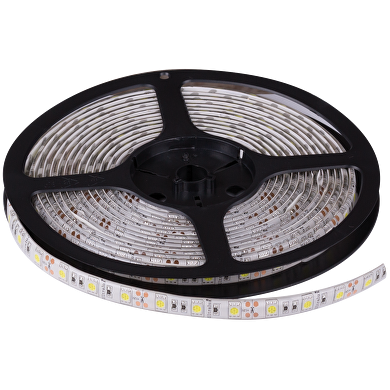 LED FLEKSIBEL BÅND/STRIP SMD5050, 14.4W/M, VARMT HVID, 12V DC, 60 LEDs/M, 5 M/RULLE, VANDTÆT